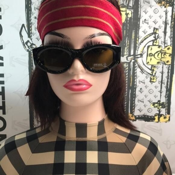 New Authentic Prada SPR 20Z Acetate Oval Symbole Sunglass– Black &Green Marbles" - Picture 8 of 14